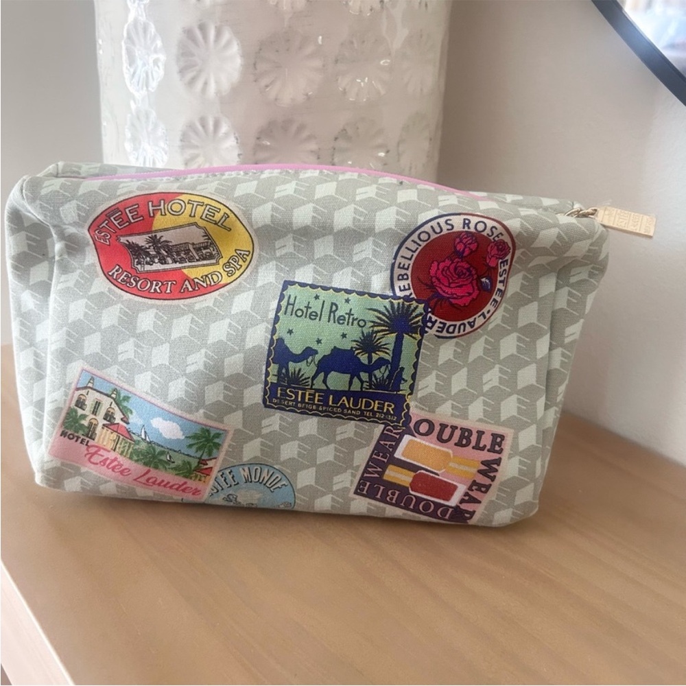 Estee Lauder Gray Cosmetic Bag with Colorful Patches
